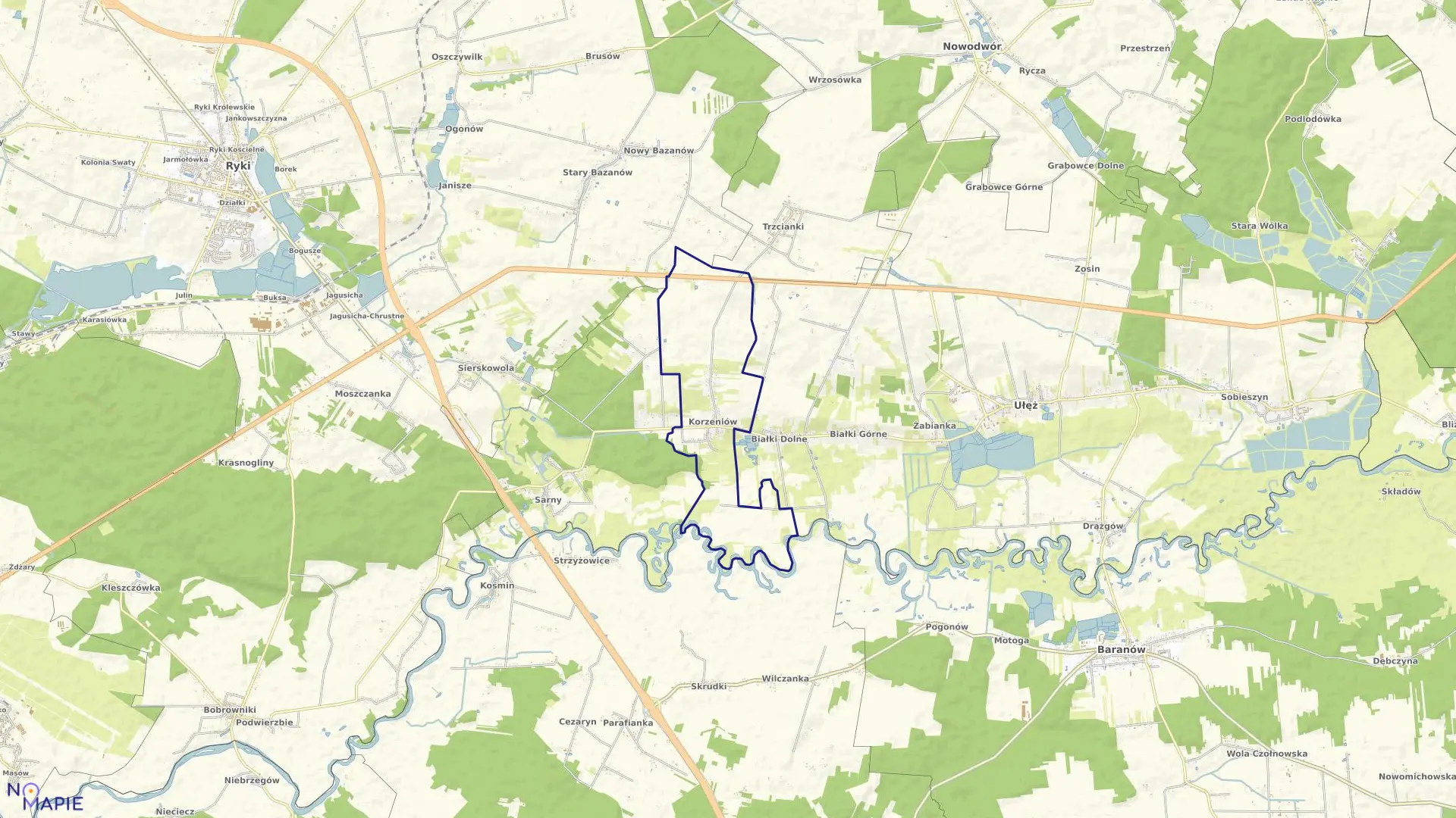 Mapa obrębu KORZENIÓW w gminie Ułęż